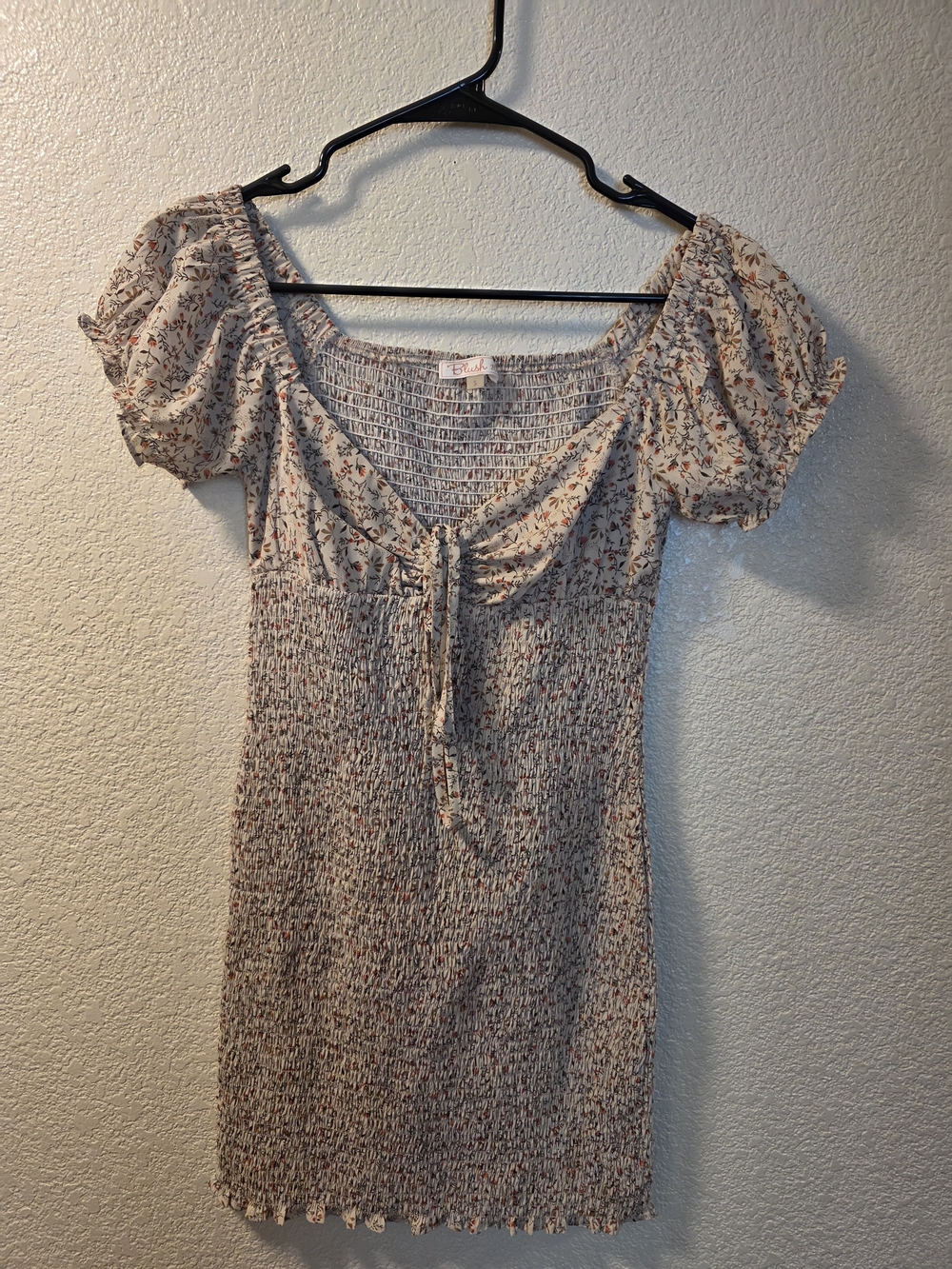 Floral Smocked Mini Dress with Puff Sleeves - Beige Floral